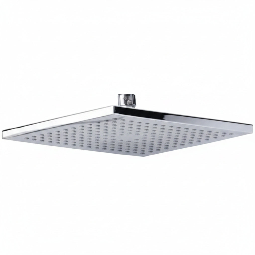 A square rain shower head with a polished chrome/silver finish