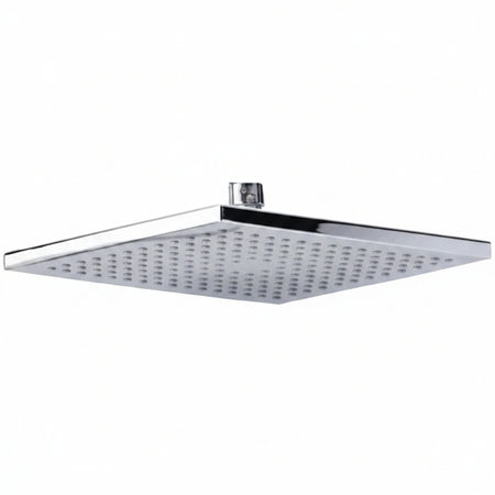 A square rain shower head with a polished chrome/silver finish