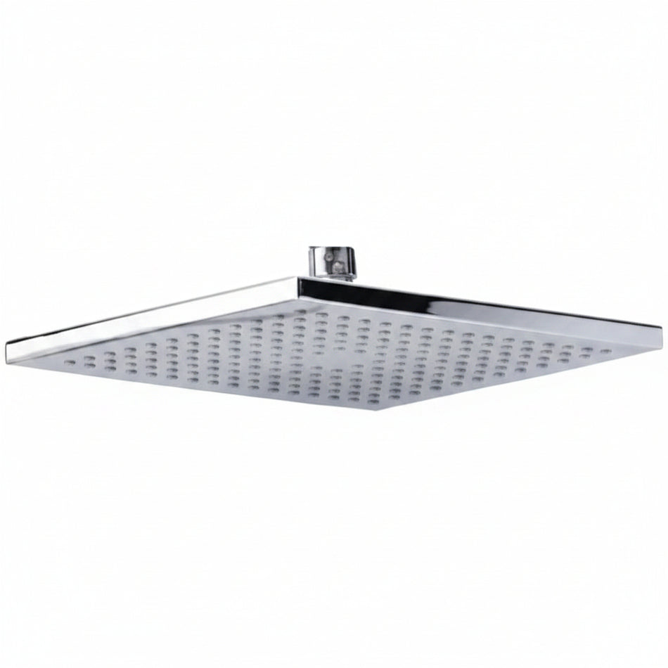 A square rain shower head with a polished chrome/silver finish