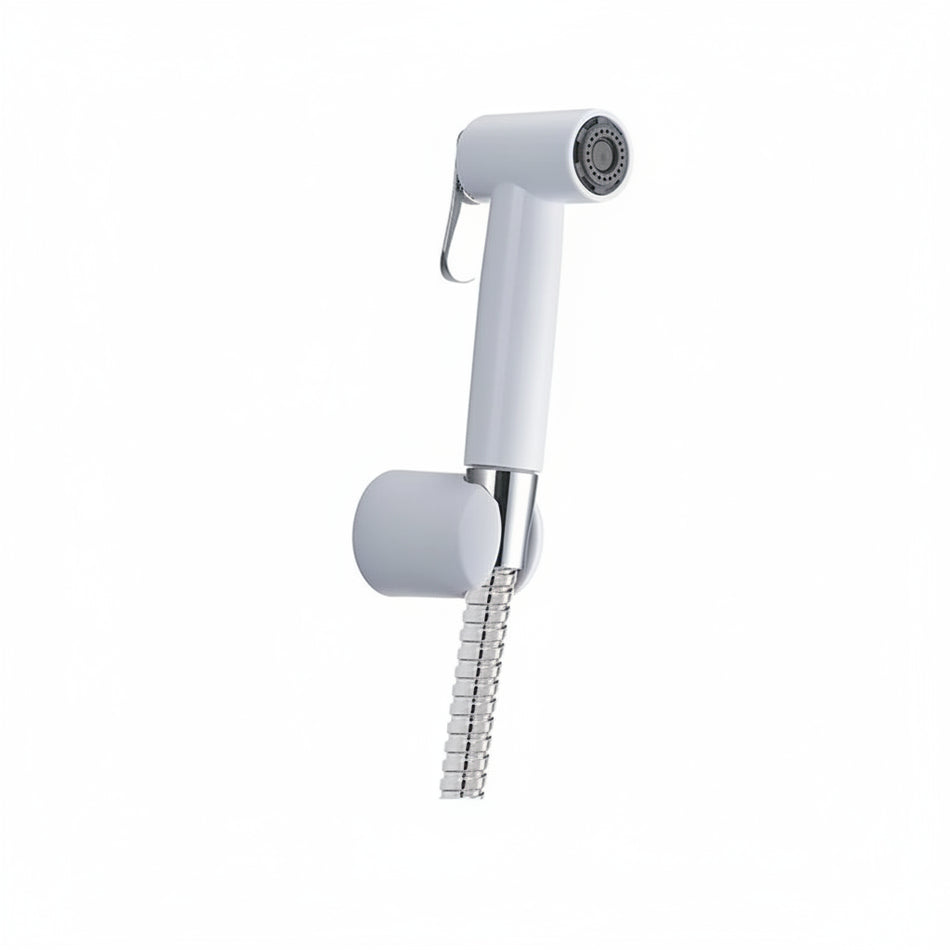 A wall-mounted bidet shower sprayer with a white plastic body, chrome metal hose, and wall bracket