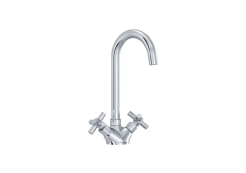 A polished chrome kitchen faucet with a high-arc spout and two cross-handle valves
