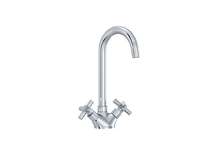 A polished chrome kitchen faucet with a high-arc spout and two cross-handle valves