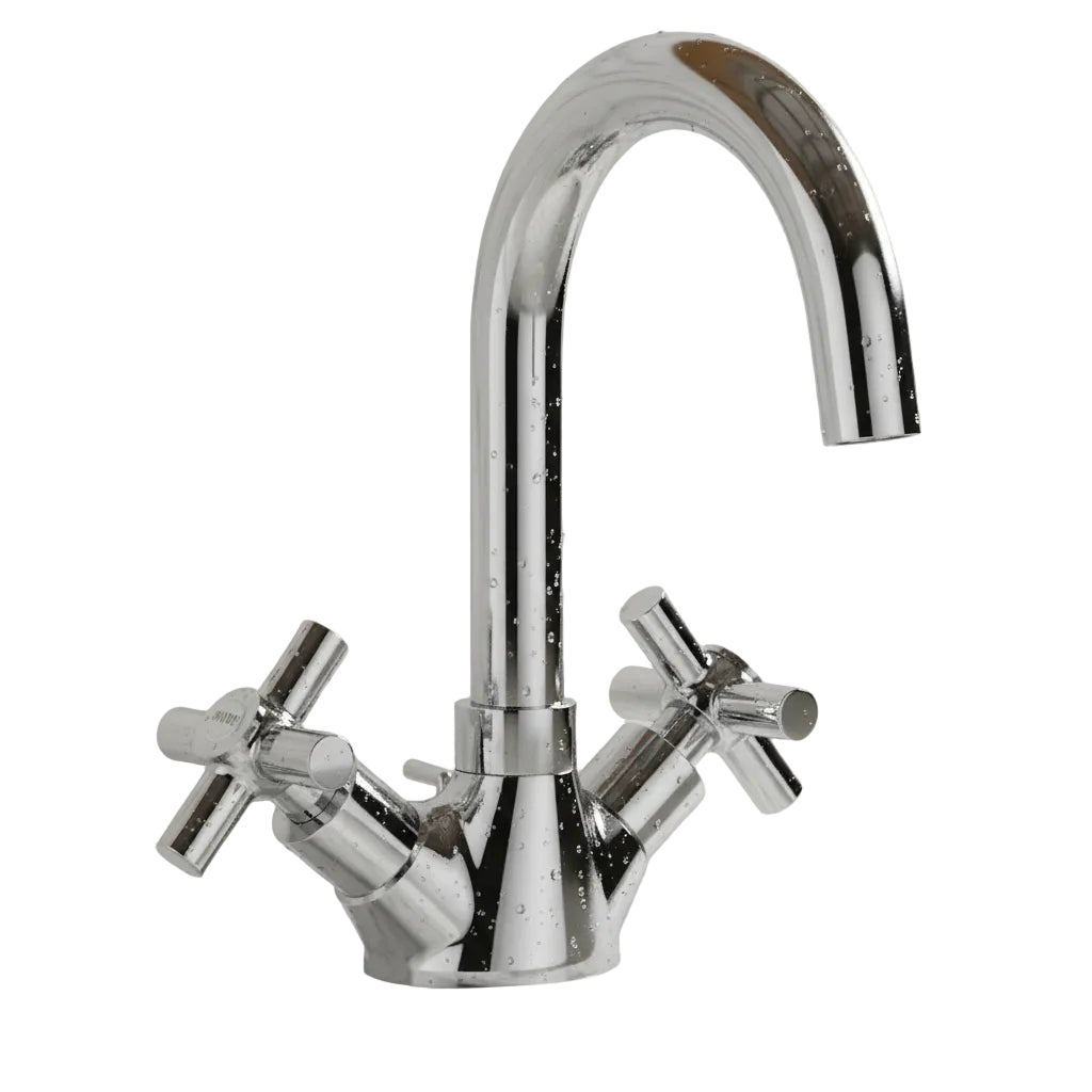 A polished chrome bathroom faucet with a high-arc spout and two cross handles 