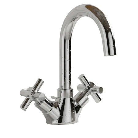 A polished chrome bathroom faucet with a high-arc spout and two cross handles 