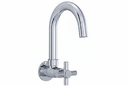 A polished chrome wall-mounted kitchen faucet with a high-arc spout and a cross-shaped handle.