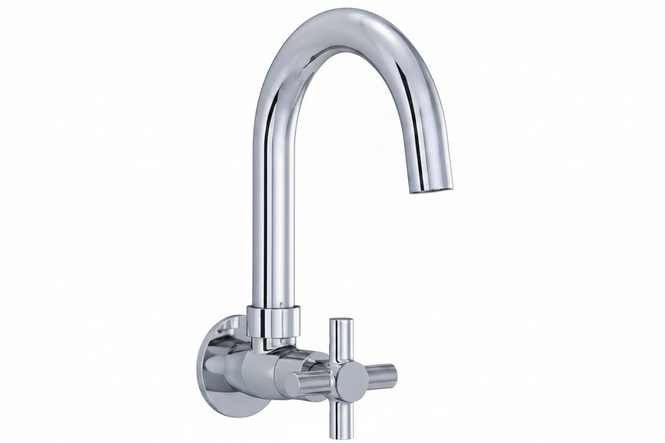 A polished chrome wall-mounted kitchen faucet with a high-arc spout and a cross-shaped handle.