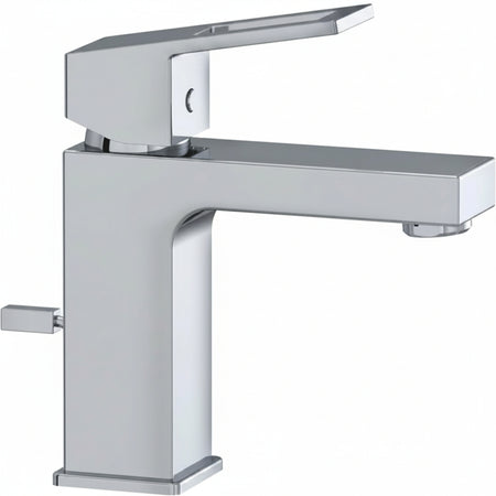 A modern single-handle bathroom faucet with a sleek, geometric design and a polished chrome finish