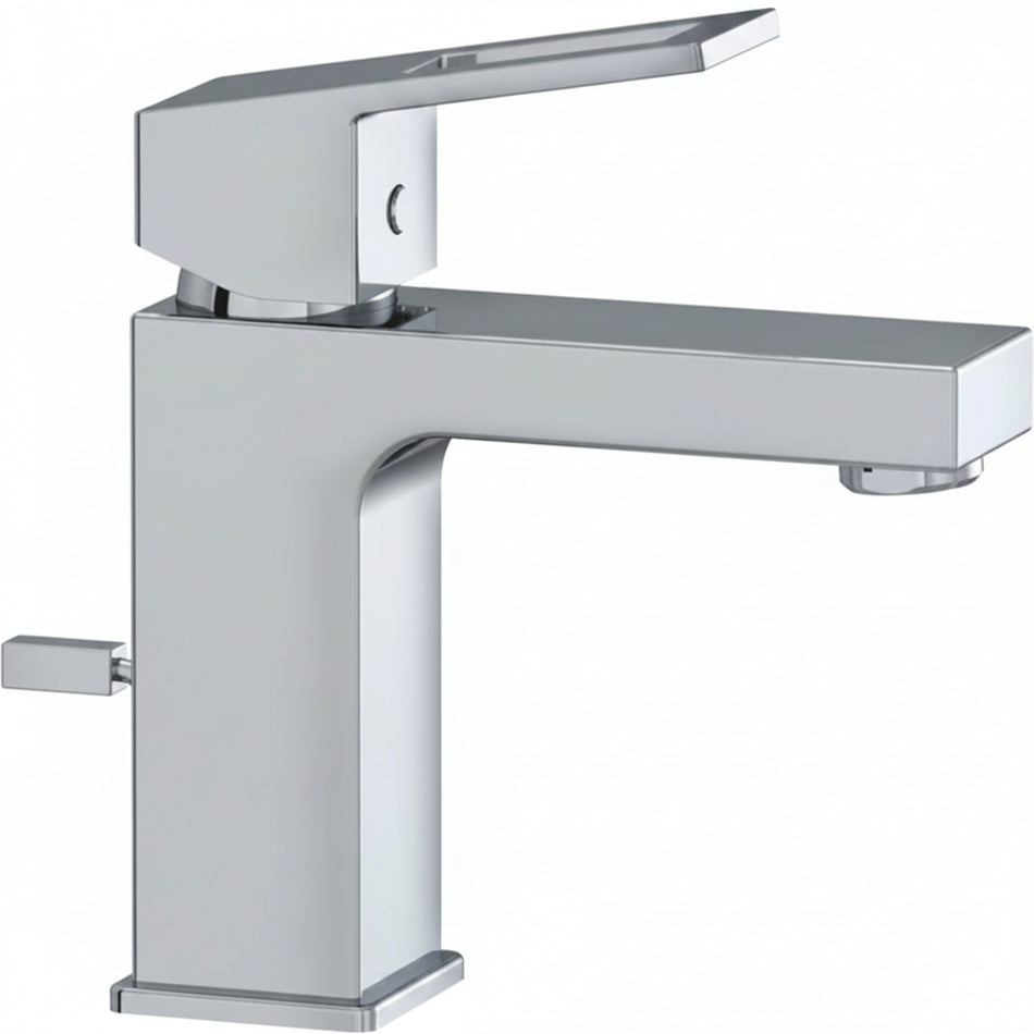 A modern single-handle bathroom faucet with a sleek, geometric design and a polished chrome finish