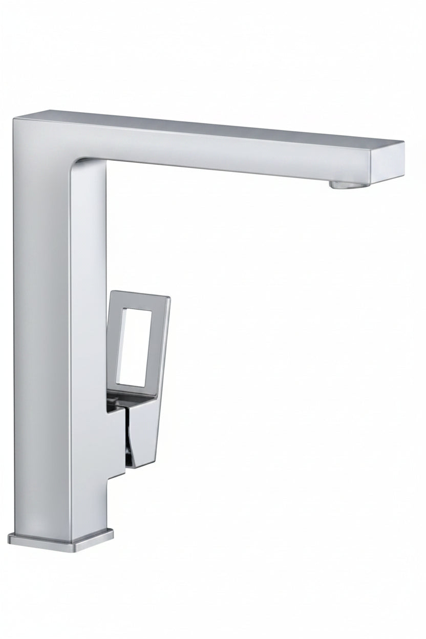 A modern single-handle kitchen faucet with a sleek, geometric design and a polished chrome finish