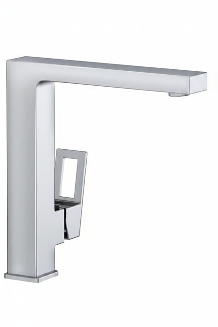 A modern single-handle kitchen faucet with a sleek, geometric design and a polished chrome finish