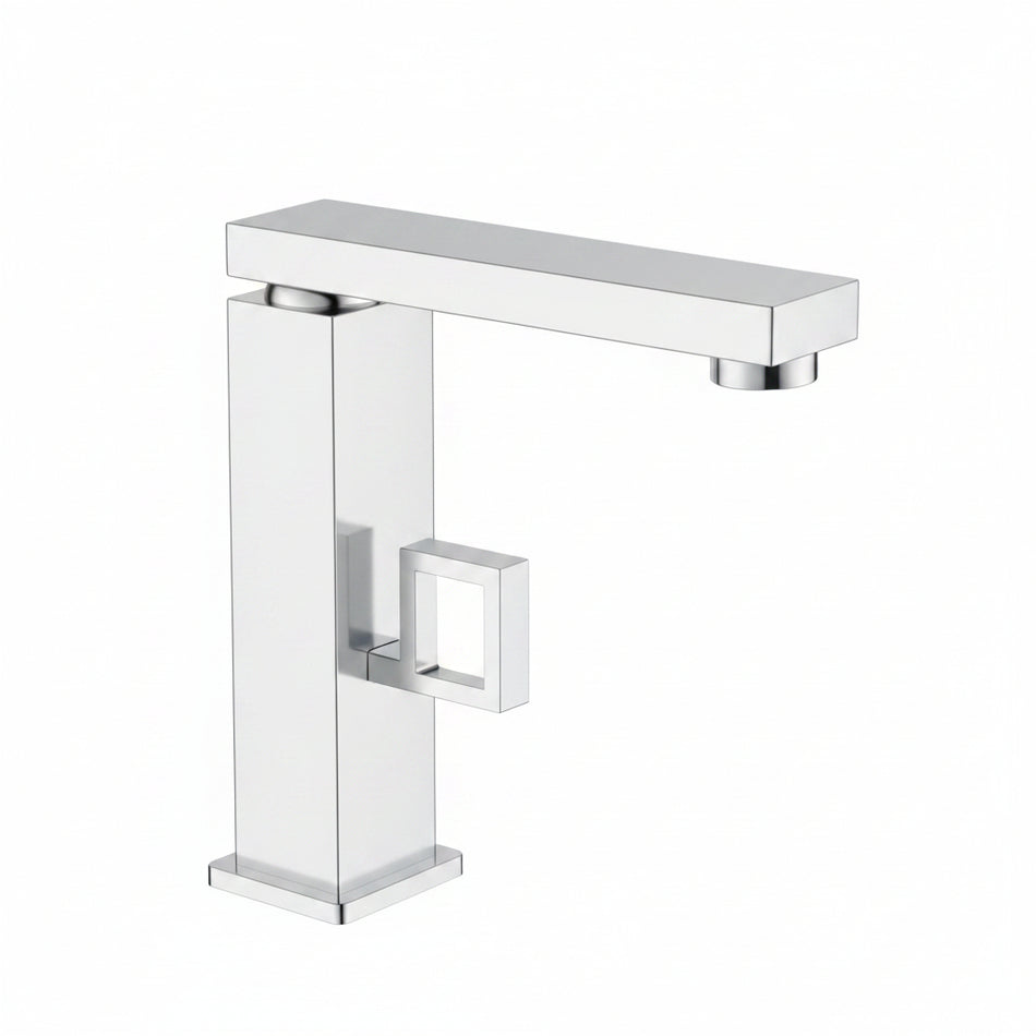 A modern single-handle kitchen faucet with a sleek, geometric design and a polished chrome finish