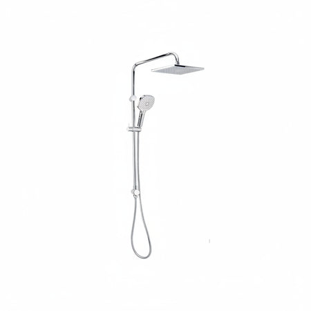 A polished chrome shower fixture set featuring a square rain shower head, a flexible hose.