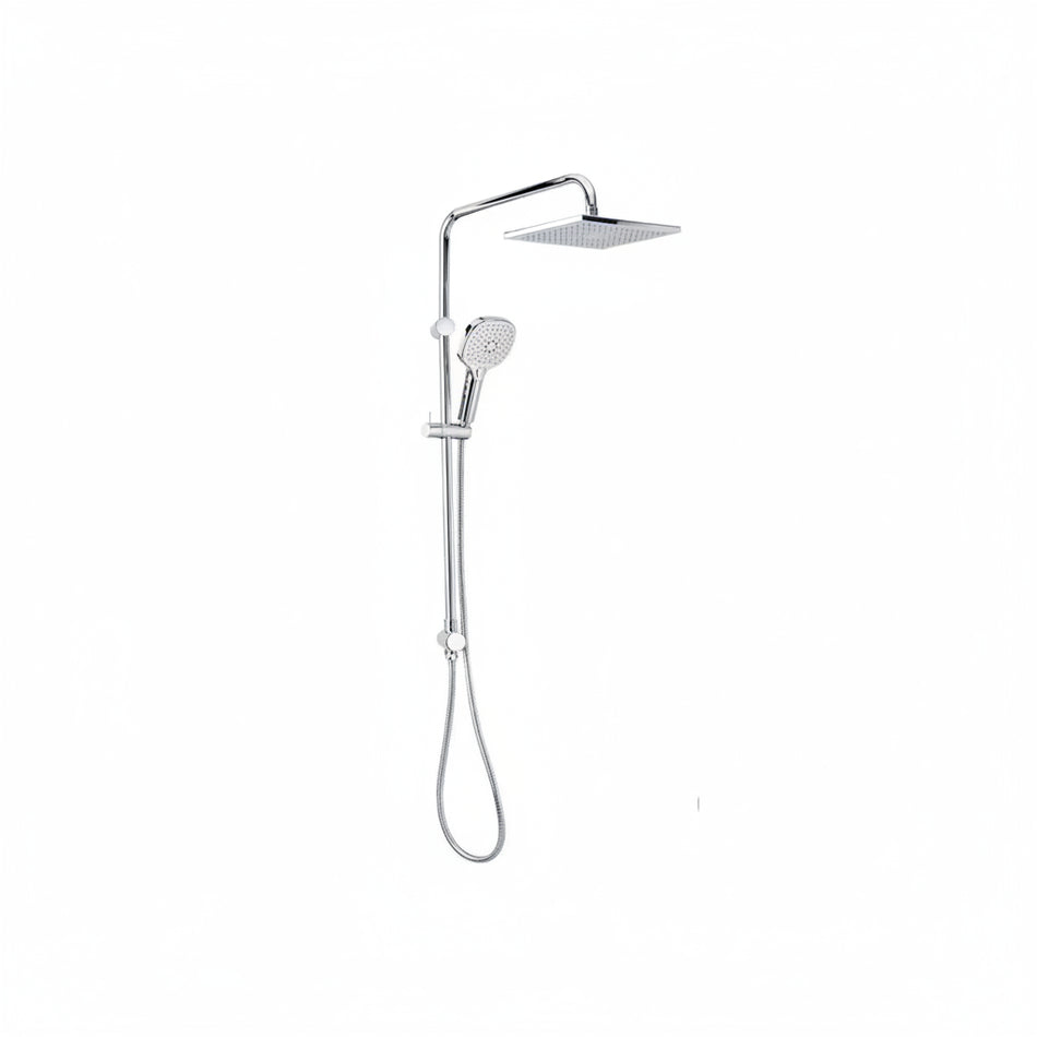 A polished chrome shower fixture set featuring a square rain shower head, a flexible hose.
