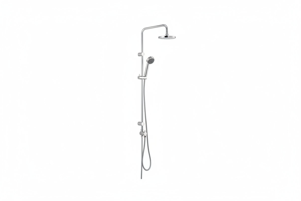 A wall-mounted shower system with a square overhead rain shower head, adjustable slide bar.
