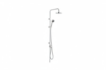 A wall-mounted shower system with a square overhead rain shower head, adjustable slide bar.