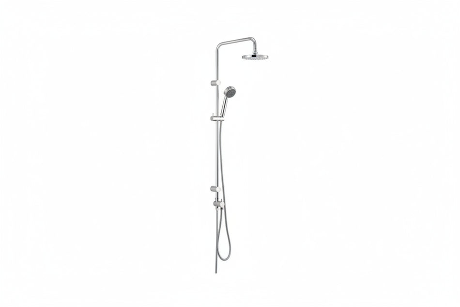 A wall-mounted shower system with a square overhead rain shower head, adjustable slide bar.