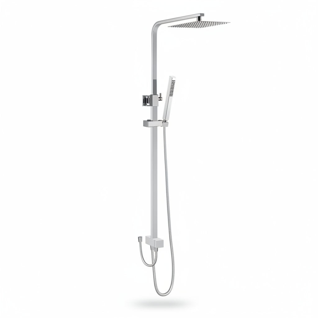 A modern wall-mounted rain shower system with a handheld shower head, flexible hose, and control valve trim.