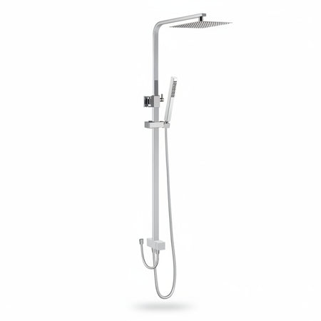 A modern wall-mounted rain shower system with a handheld shower head, flexible hose, and control valve trim.