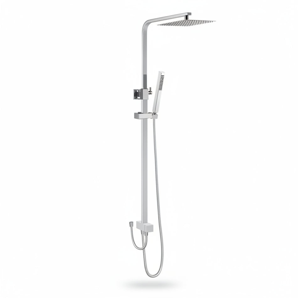 A modern wall-mounted rain shower system with a handheld shower head, flexible hose, and control valve trim.