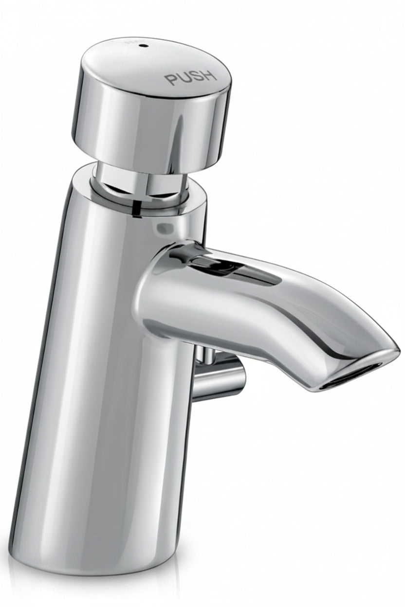 A modern chrome bathroom faucet with a cylindrical body