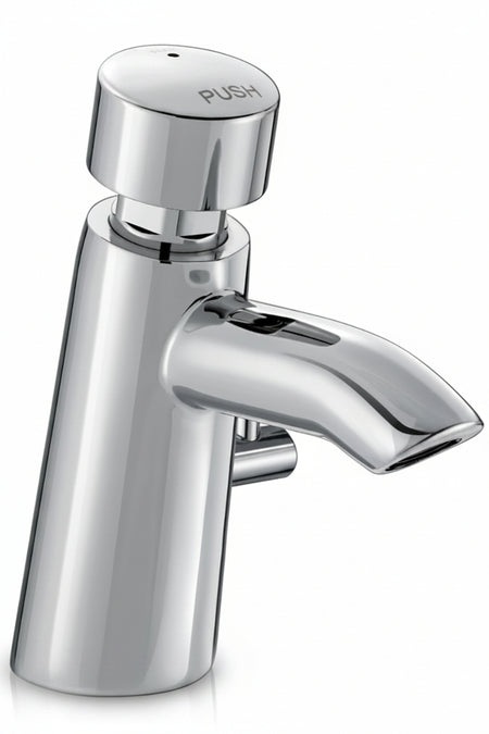 A modern chrome bathroom faucet with a cylindrical body