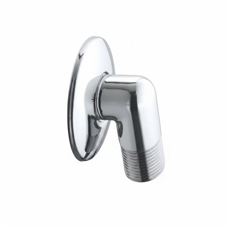 A polished chrome wall-mounted shower arm with a round backplate and threaded pipe connection