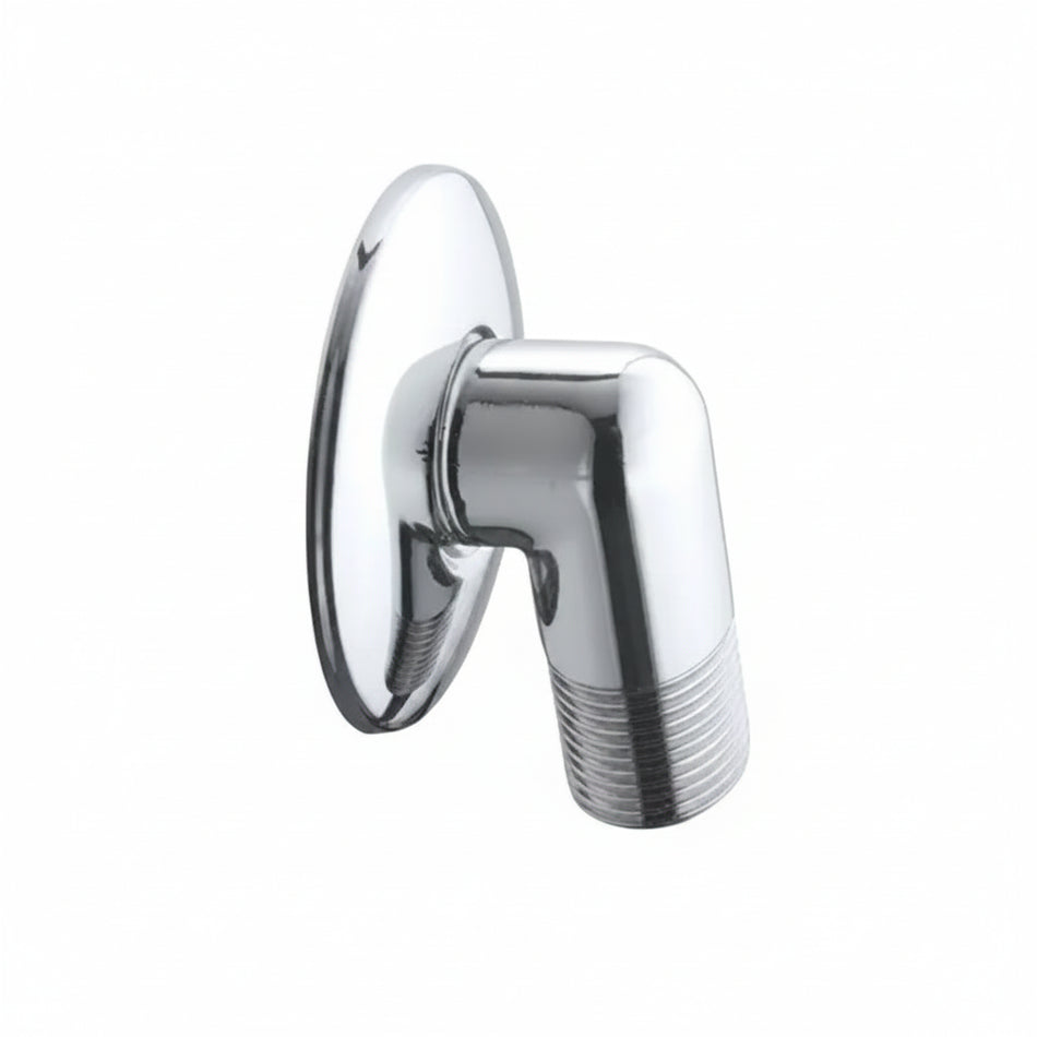 A polished chrome wall-mounted shower arm with a round backplate and threaded pipe connection