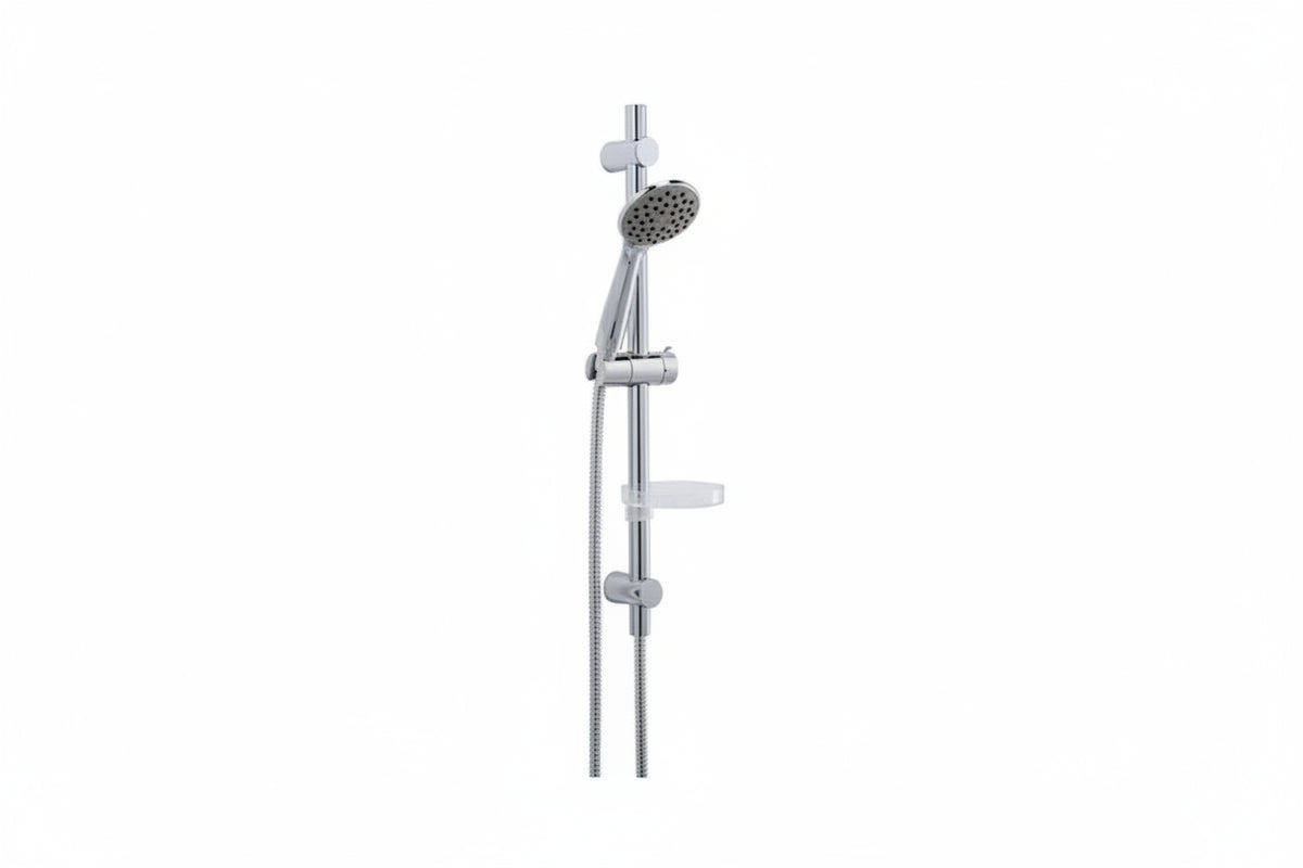 A modern chrome handheld shower head with a sliding bar and adjustable holder.