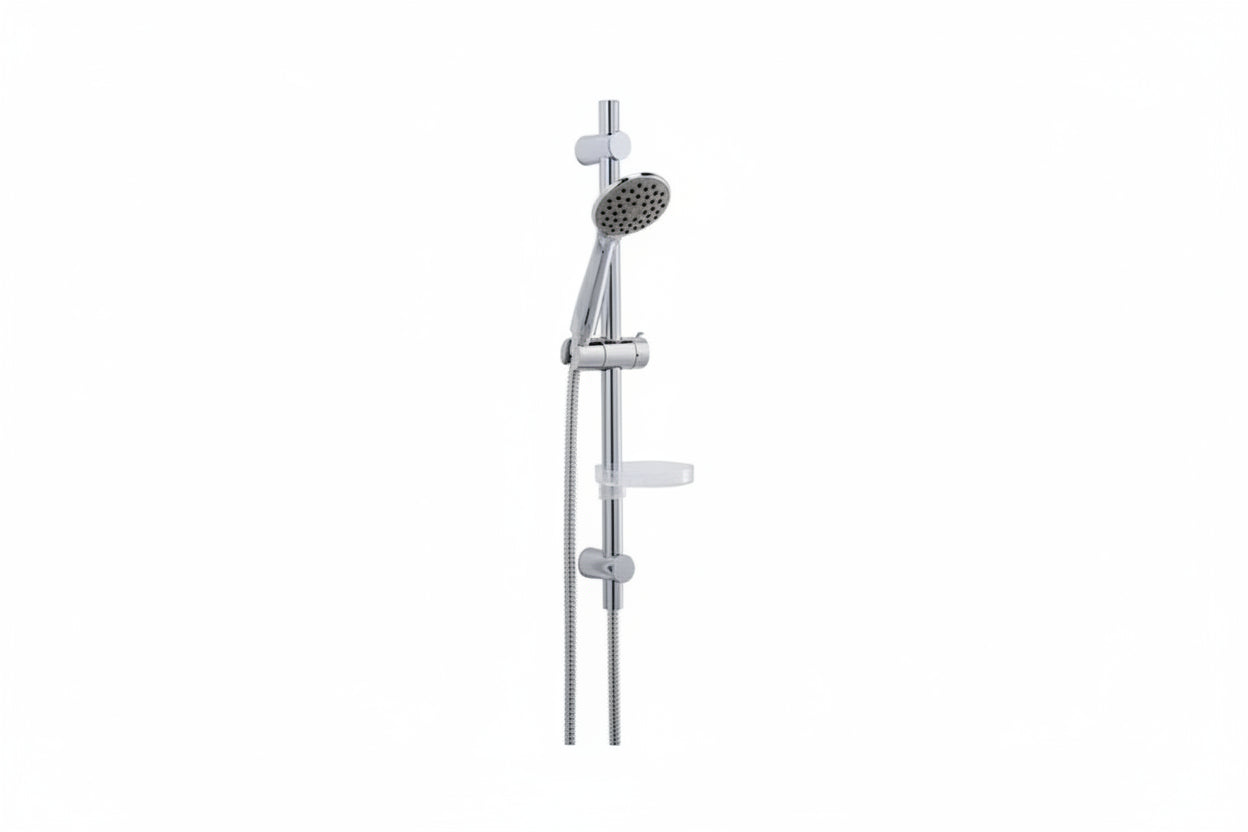 A modern chrome handheld shower head with a sliding bar and adjustable holder.