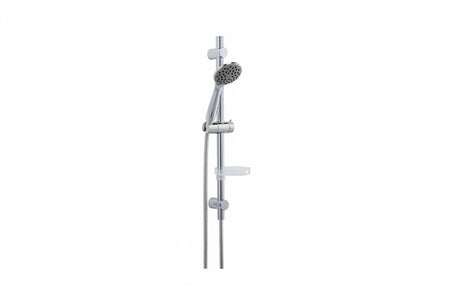 A modern chrome handheld shower head with a sliding bar and adjustable holder.