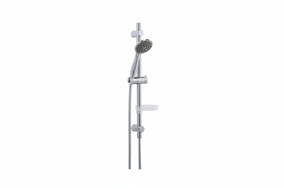 A modern chrome handheld shower head with a sliding bar and adjustable holder.