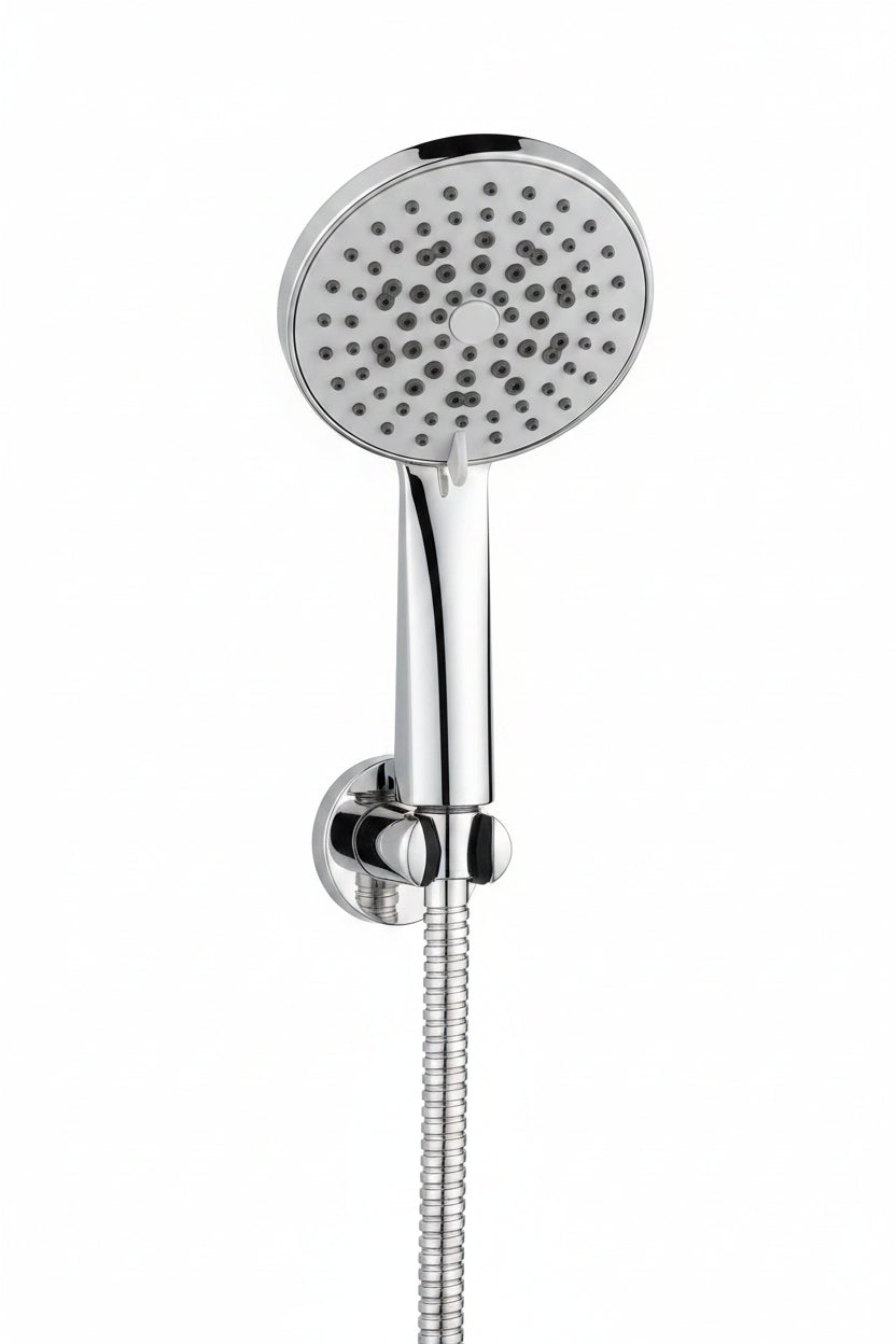 A polished chrome handheld shower head with a flexible coiled hose and wall mount