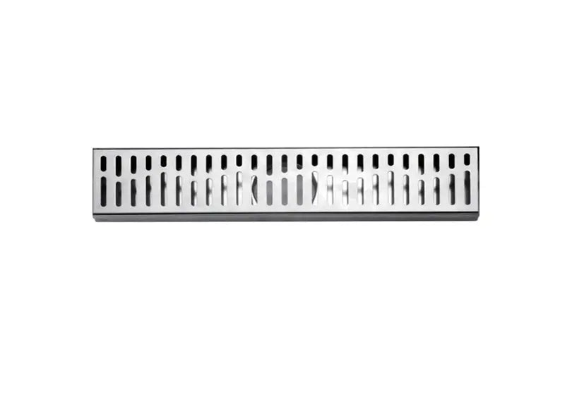 A rectangular stainless steel floor drain with a slotted grate design, shown against a plain white background.