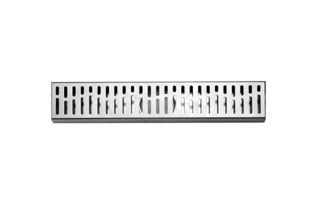 A rectangular stainless steel floor drain with a slotted grate design, shown against a plain white background.