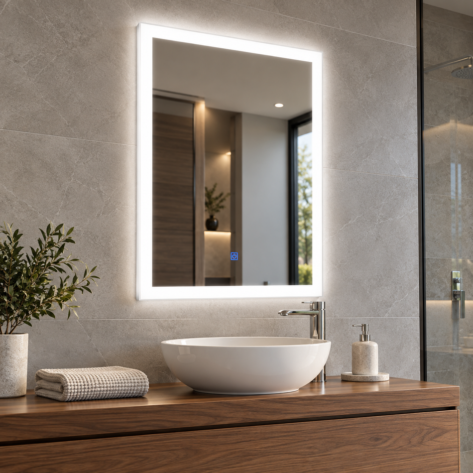 OCEANIC RECTANGULAR LED MIRROR WITH TOUCH SWITCH & 3-COLOUR LIGHTING – 80 × 60 CM
