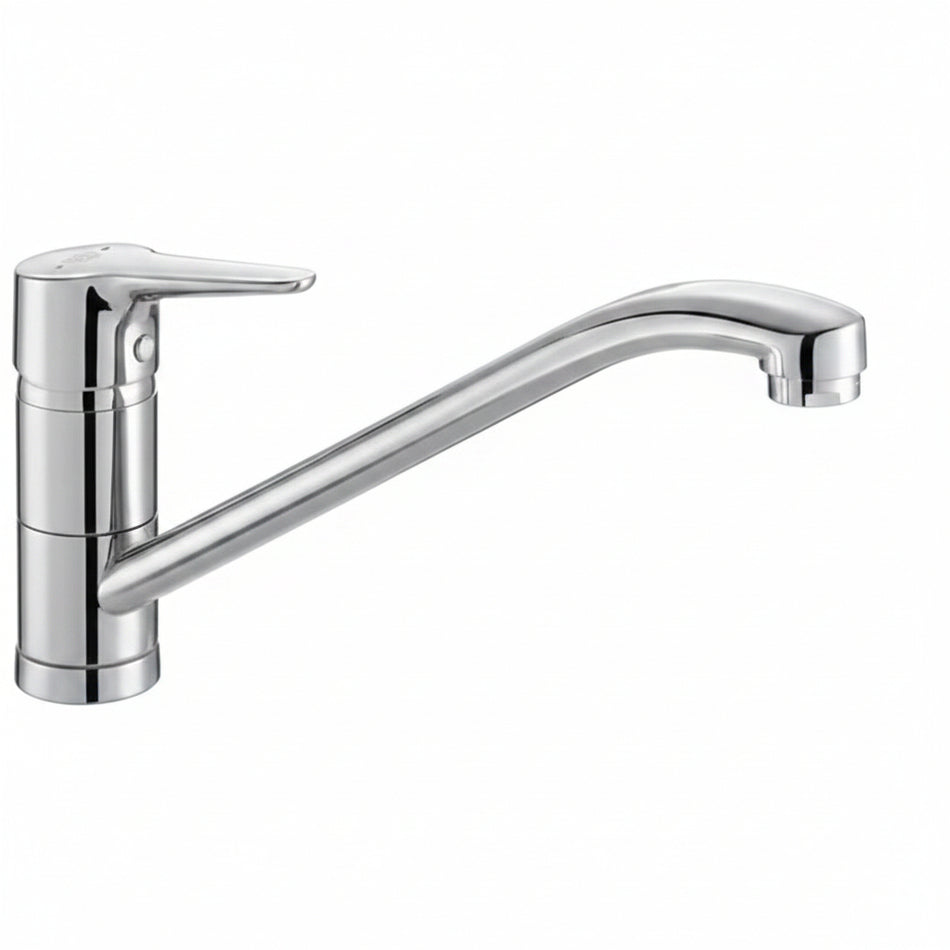 A modern single-handle kitchen faucet with a polished chrome finish, featuring a curved spout and a lever handle.