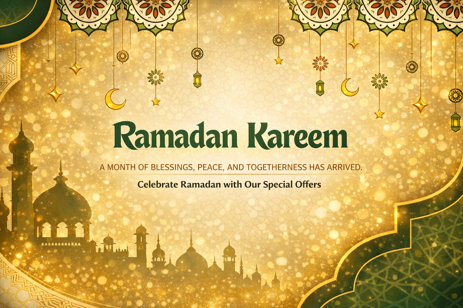 Decorative Ramadan Kareem banner with mosque silhouette, hanging lanterns, and text.