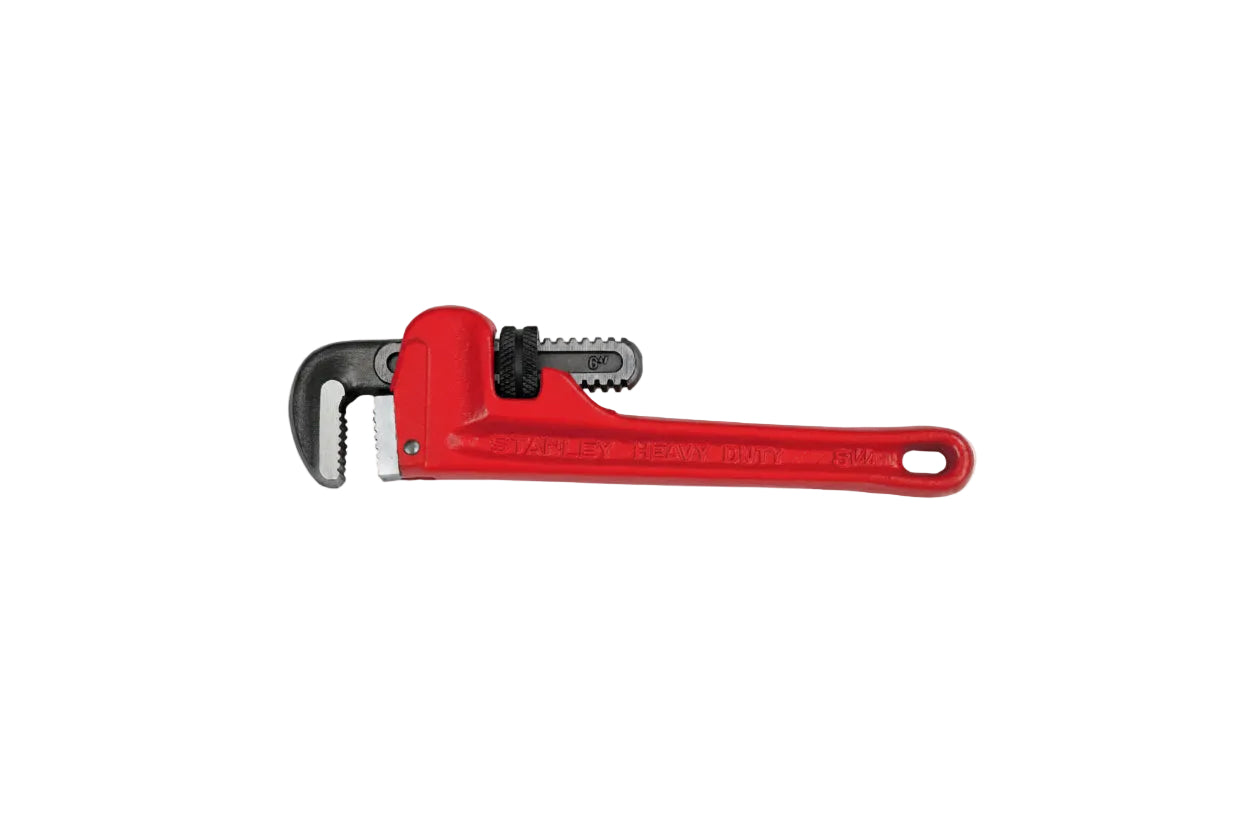 Red pipe wrench with black handle on a white background