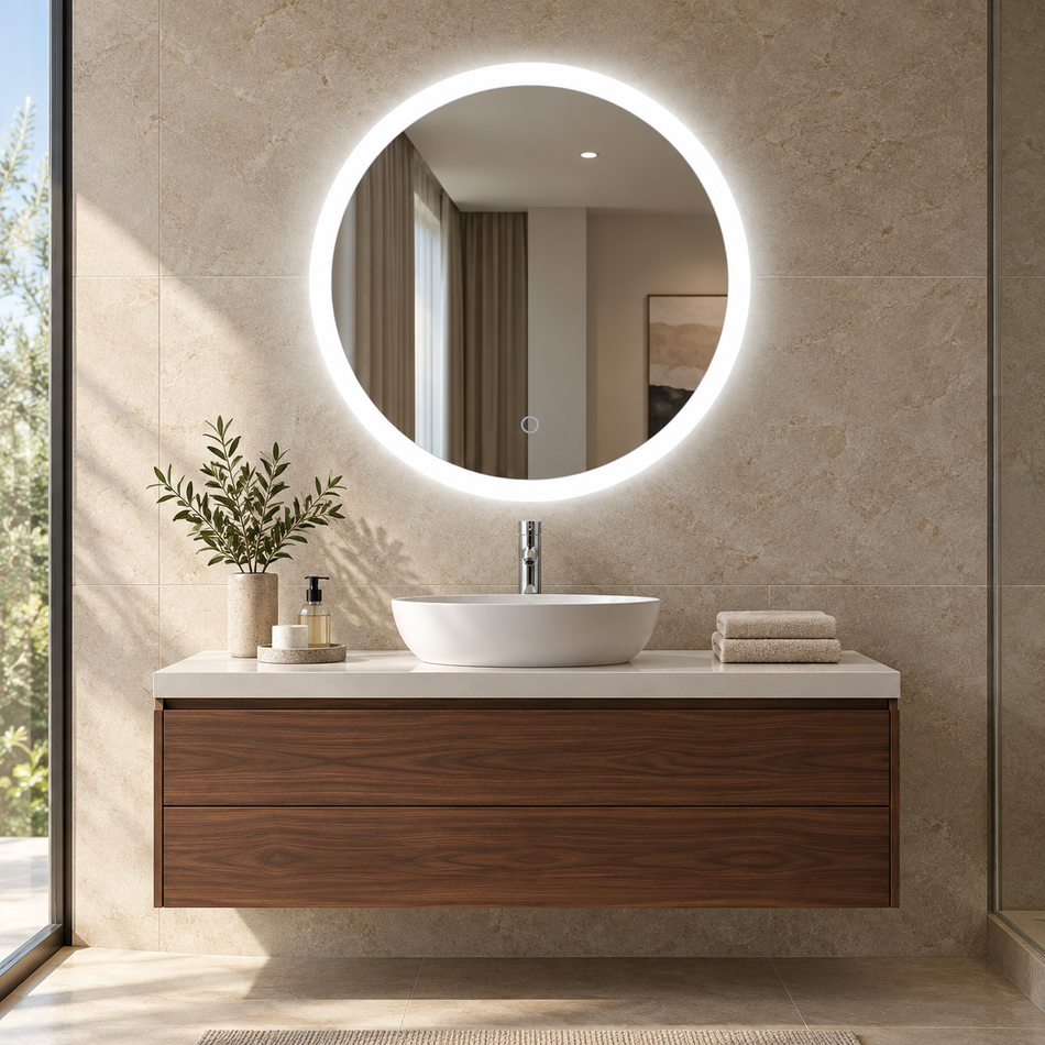 OCEANIC ROUND LED MIRROR WITH TOUCH SWITCH & 3-COLOUR LIGHTING – 60 × 60 CM