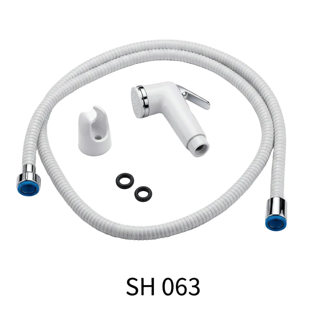 White handheld shower head with hose and nozzles on a white background