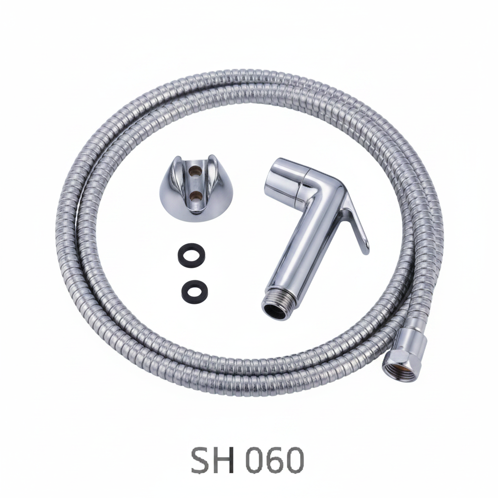 Metal shattaf hose set with connectors and washers on a white background