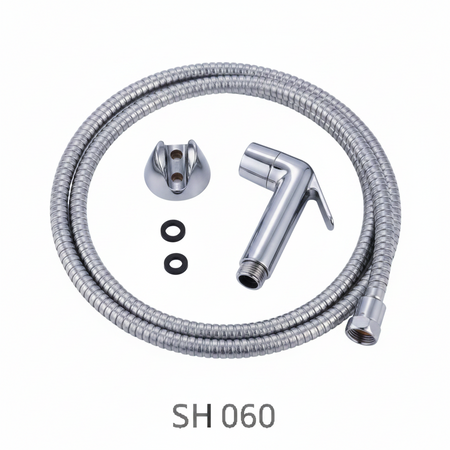 Metal shattaf hose set with connectors and washers on a white background