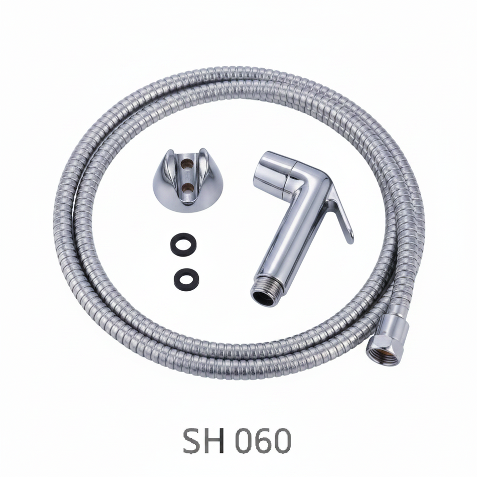 Metal shattaf hose set with connectors and washers on a white background