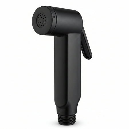 Black handheld shower head on a white background