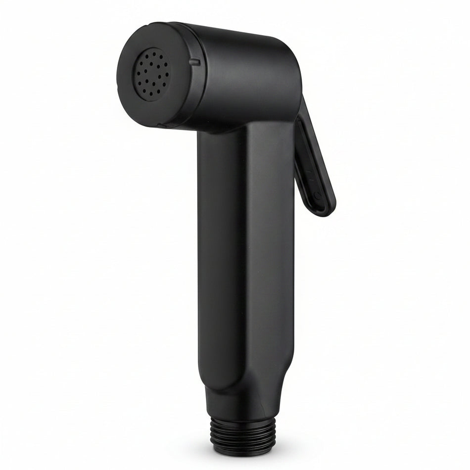 Black handheld shower head on a white background
