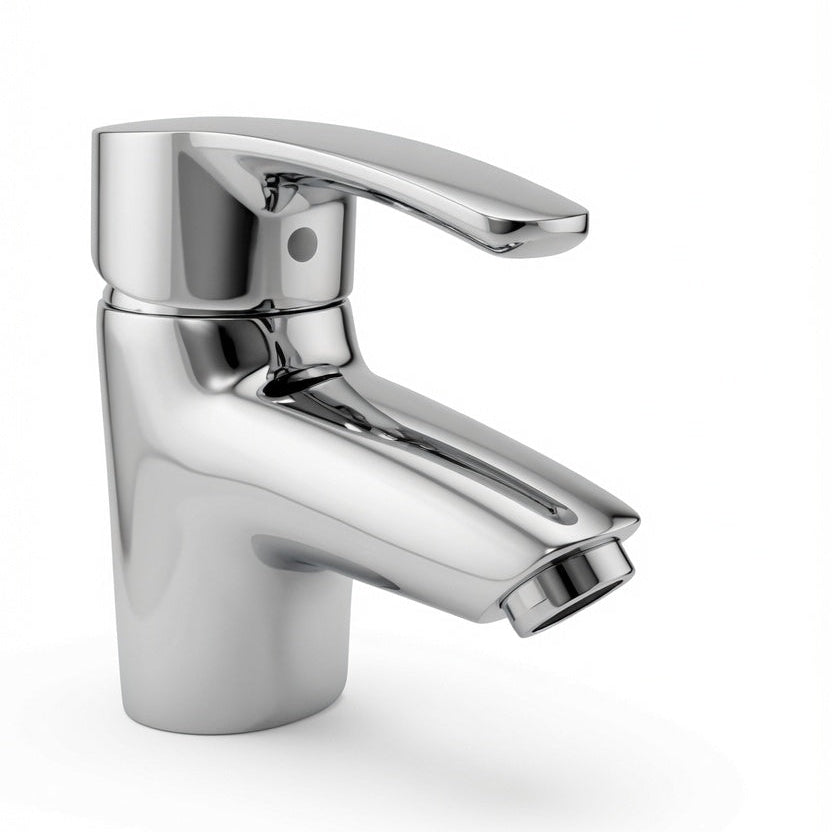 Chrome bathroom faucet on a white background