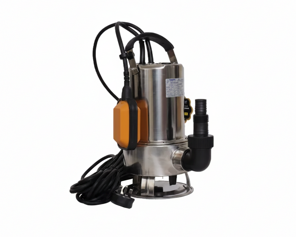 A submersible sewage pump with a stainless steel body, black electrical cords, a black L-shaped pipe connector, and an orange side-mounted control box.