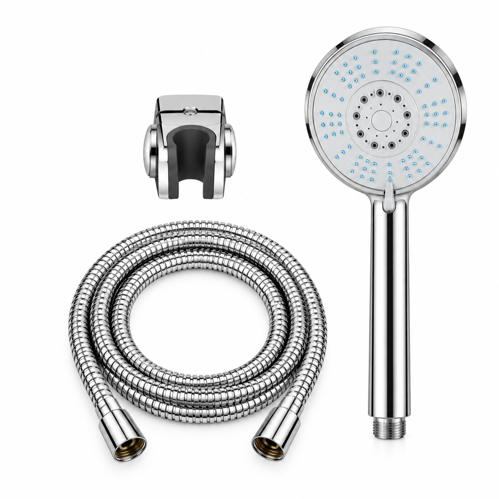 A modern round shower head with a chrome-finished handpiece and a black outer trim.