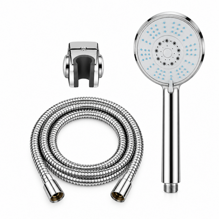 A modern round shower head with a chrome-finished handpiece and a black outer trim.