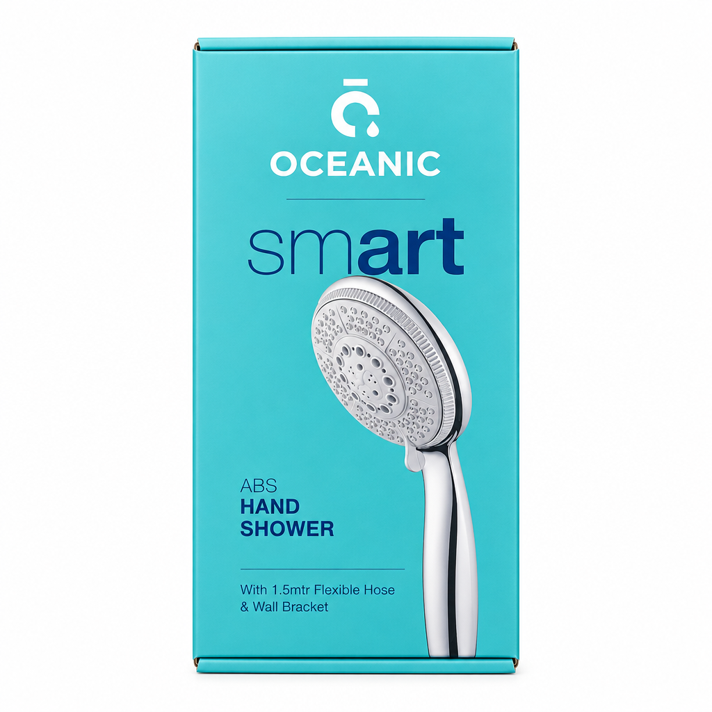 Oceanic Smart Hand Shower box in a turquoise blue color, standing on a reflective black surface 